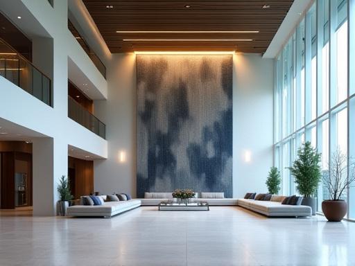 企業のロビーに設置された大規模なテキスタイルインスタレーション